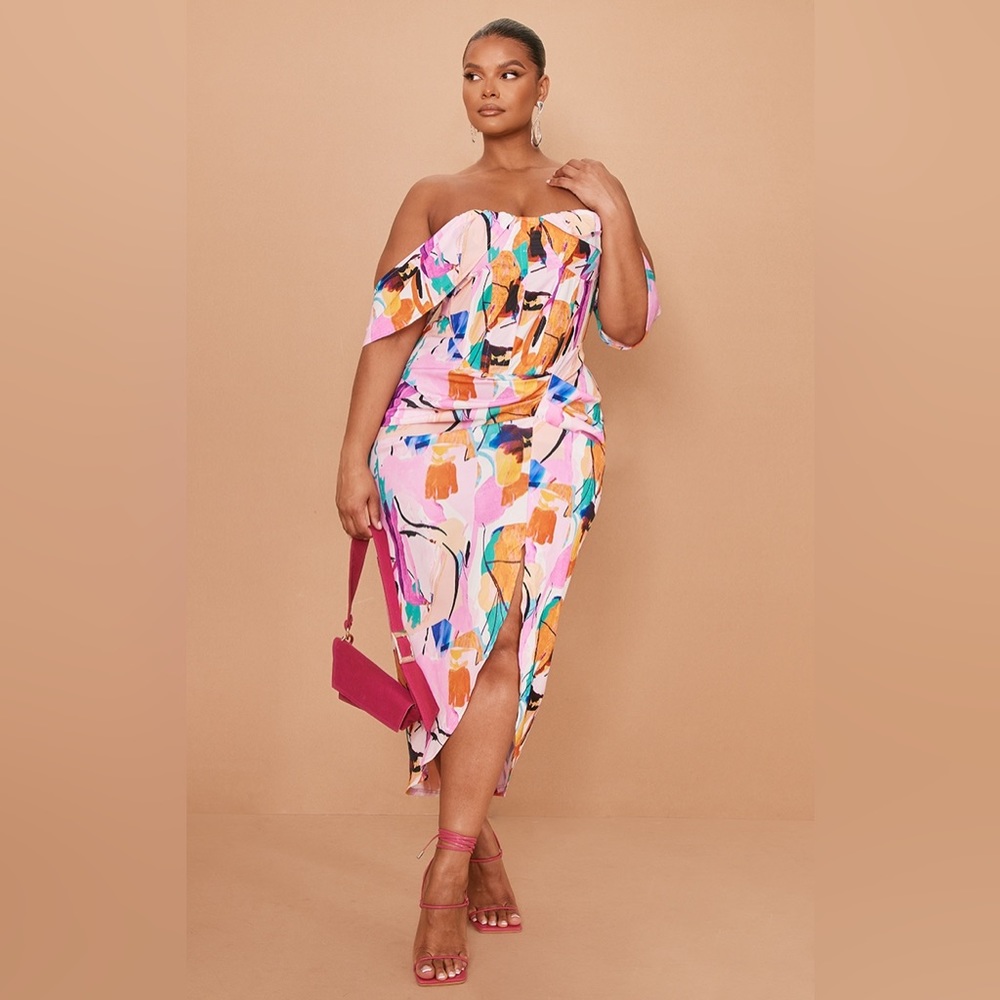 PrettyLittleThing Plus Size Multi Bardot Ruched Side Midi Dress